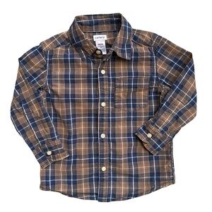 Carter's 3T Boys brown blue plaid cotton long sleeve button down shirt